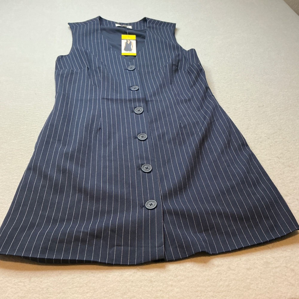 Steve Madden Pinstripe Dress Button Front Sleeveless Navy Blue Medium NWT‎